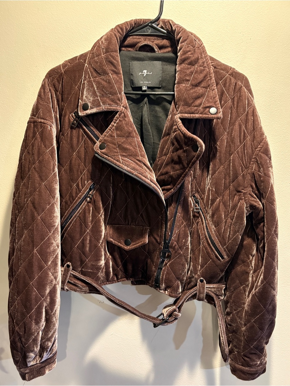 7 For All Mankind Brown Quilted Velvet Moto Jacket Belted M
